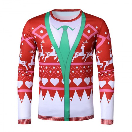 New 3D Personality Fake Two-Piece Printing Fashion Men's Christmas Long-Sleeved T-Shirt