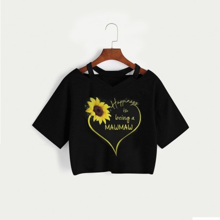 Summer Hot Sunflower Print V-Neck Short T-Shirt