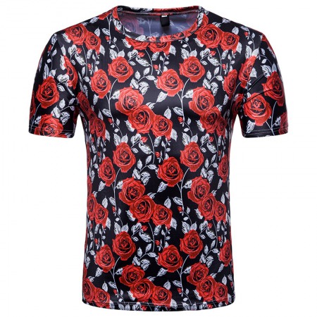 Men's 3D Short Sleeve T-Shirt Rose Print Valentine's Day Red Rose T-Shirt Flower Short Sleeve