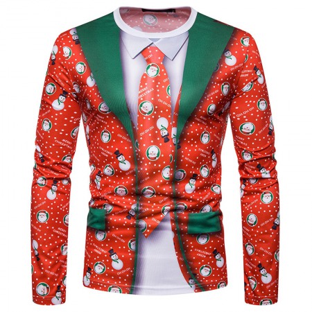 New 3D Personality Fake Two-Piece Printing Fashion Men's Christmas Long-Sleeved T-Shirt