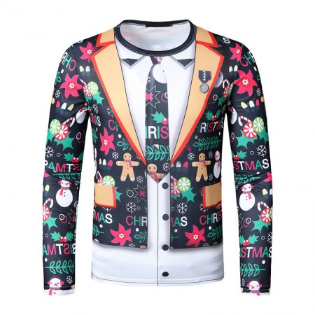 New 3D Personality Fake Two-Piece Printing Fashion Men's Christmas Long-Sleeved T-Shirt