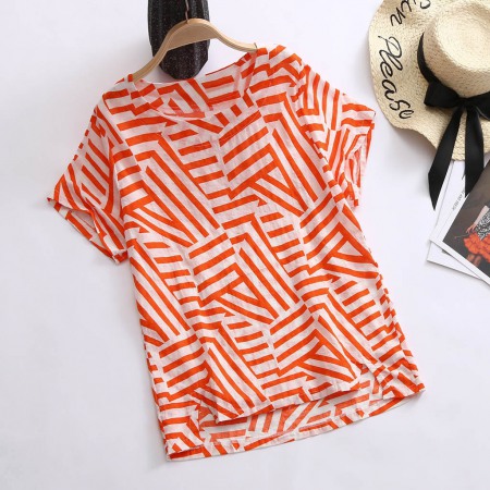 Explosive Retro Geometric Cotton and Linen Loose New Round Neck T-Shirt