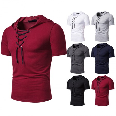 New Men's Hooded European Size Loose Lace Short Sleeve T-Shirt