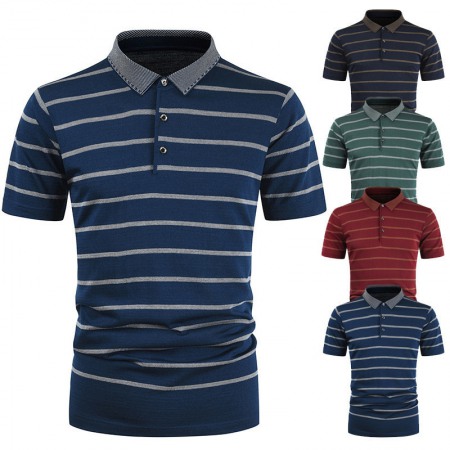 New Summer Men's Striped T-Shirt Mens Lapel Casual Short Sleeves