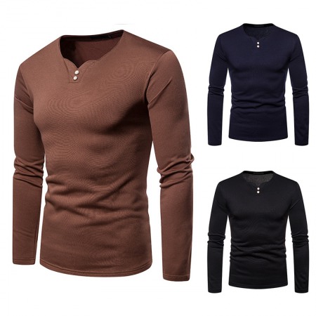 Men's Plus Size Plus Velvet Warm Henley Collar Long-Sleeved T-Shirt Bottoming Shirt